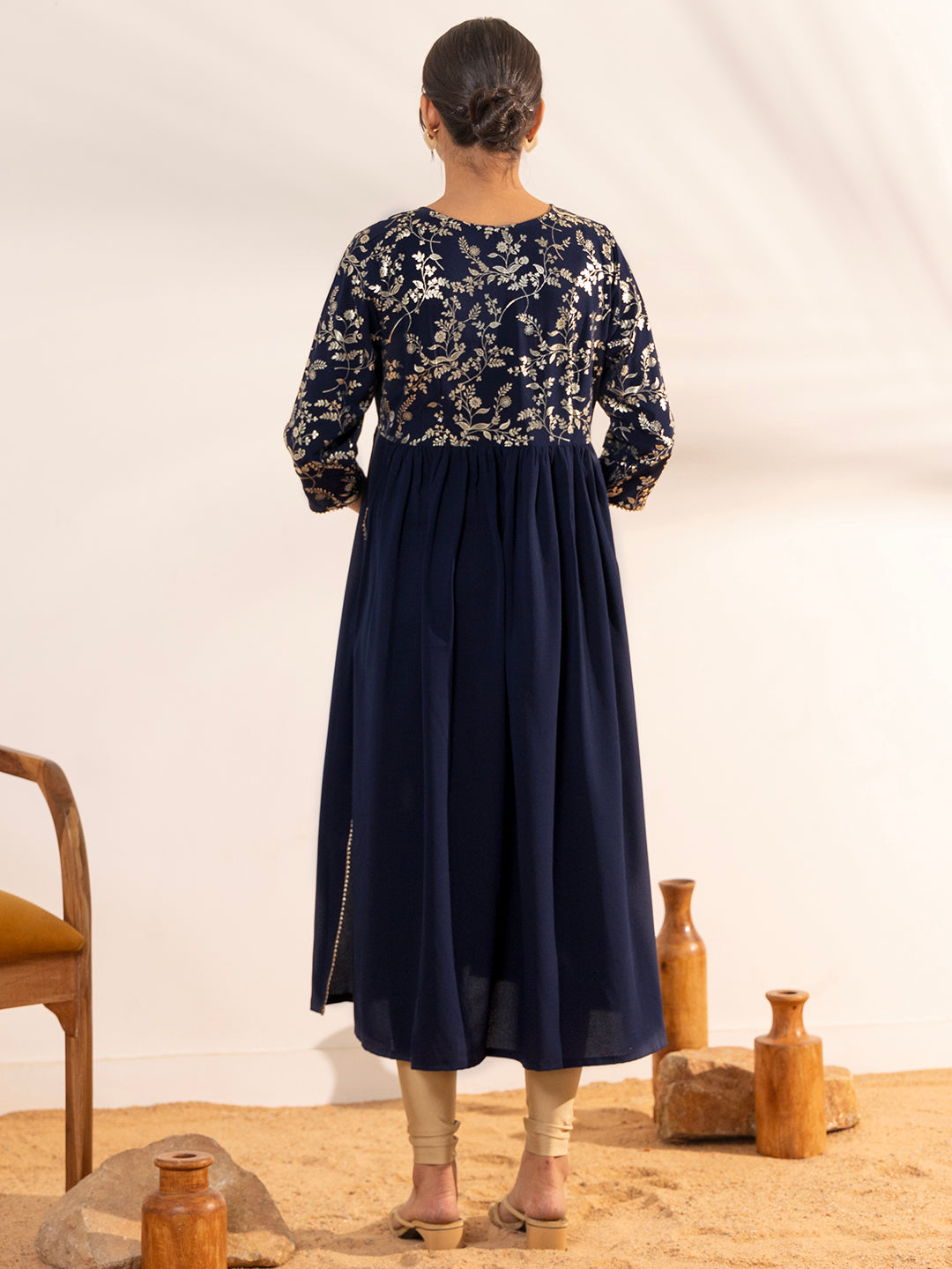 Janasya Navy Blue Georgette Yoke Foil Printed Casual Maternity Kurta | Swadesiicart