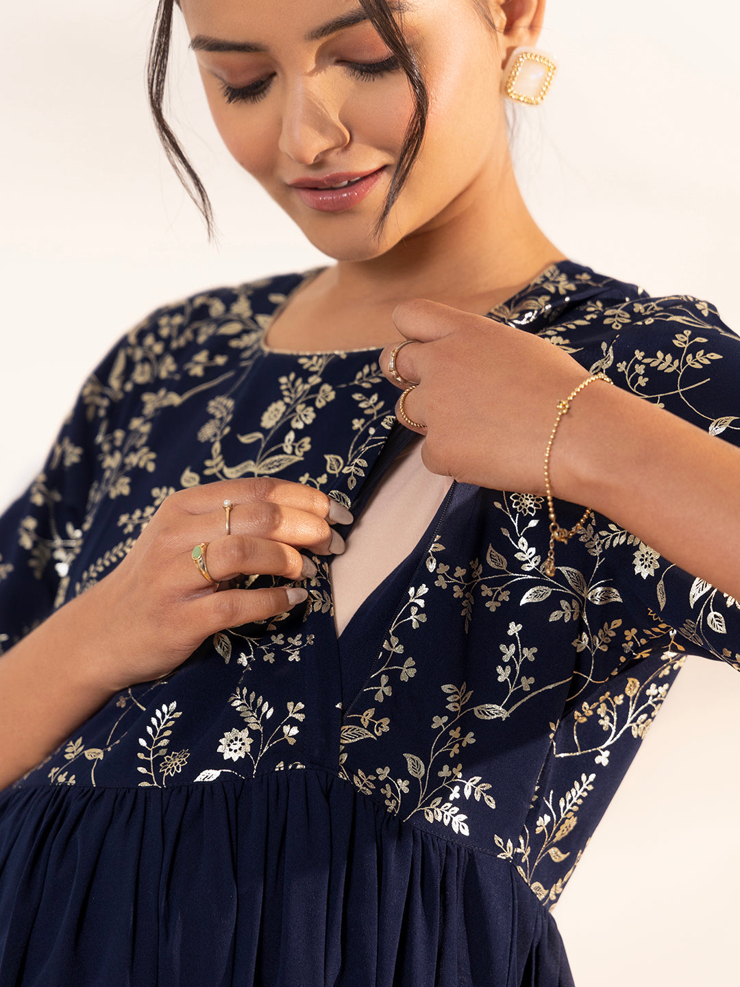 Janasya Navy Blue Georgette Yoke Foil Printed Casual Maternity Kurta | Swadesiicart