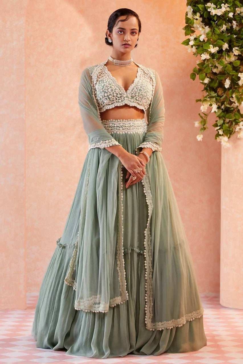 Jyoti Fashion Sea Green Two Tier Crush Georgette Lehenga Choli with Dupatta | Swadesiicart