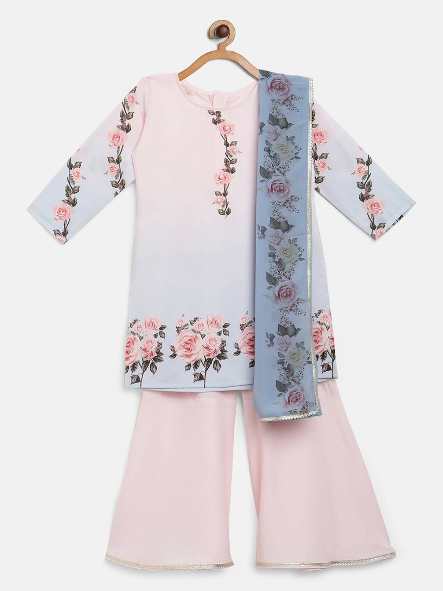 Ahalyaa Pink Crepe Floral Print Kids Kurta Sharara Set With Dupatta For Girls | Swadesiicart