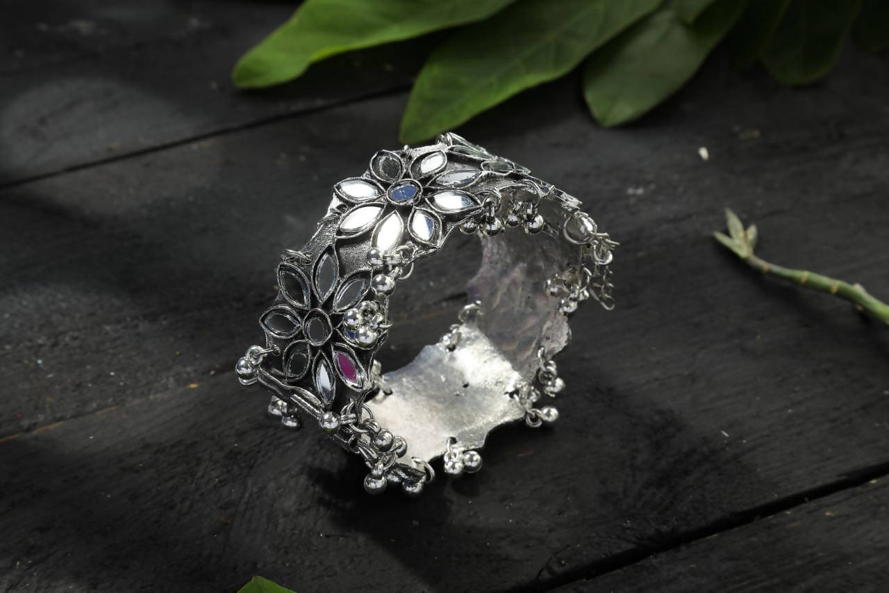 Mominos Fashion Silver Plated Oxidised Bracelet with Mirror design - Swadesiicart