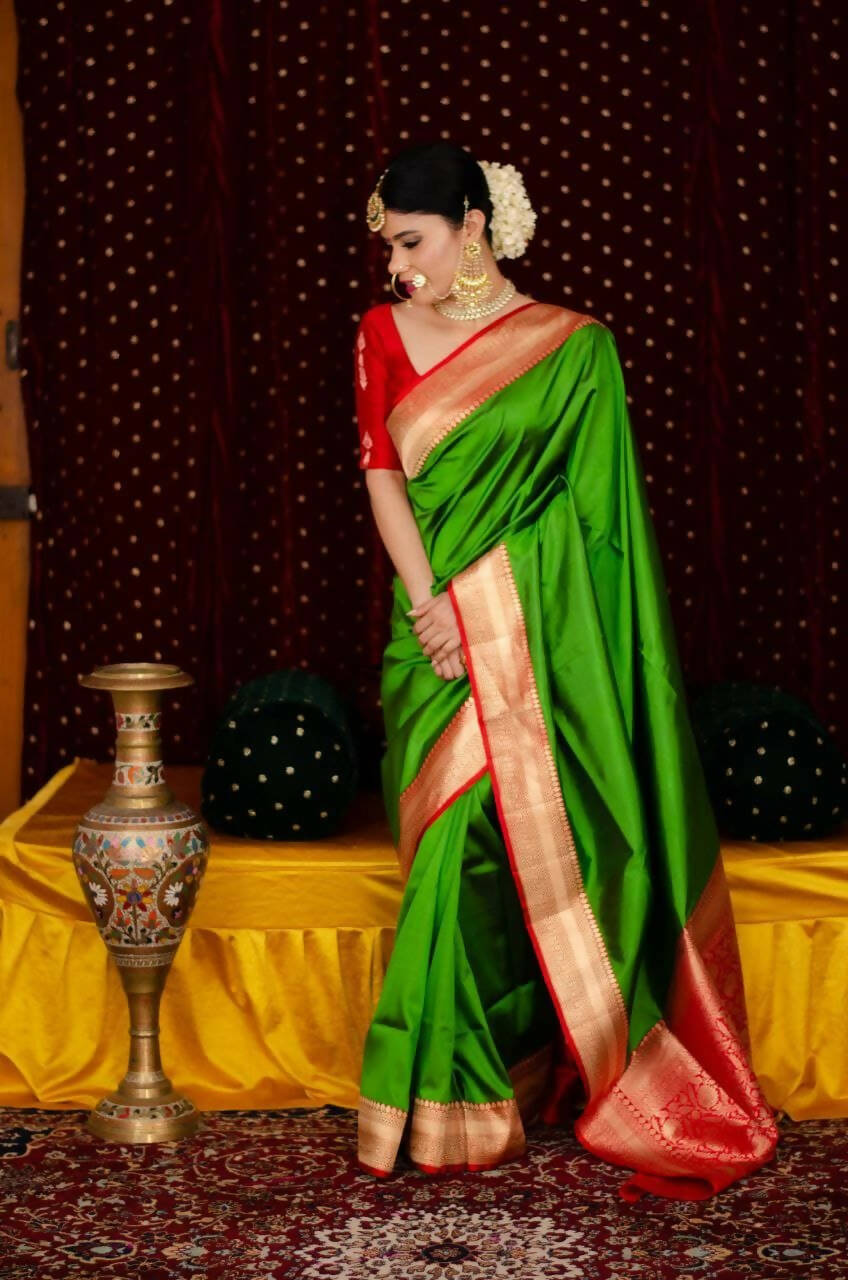 DEIANA'S Beautiful Designer Golden zari Soft Lichi Silk Saree - Green - Swadesiicart