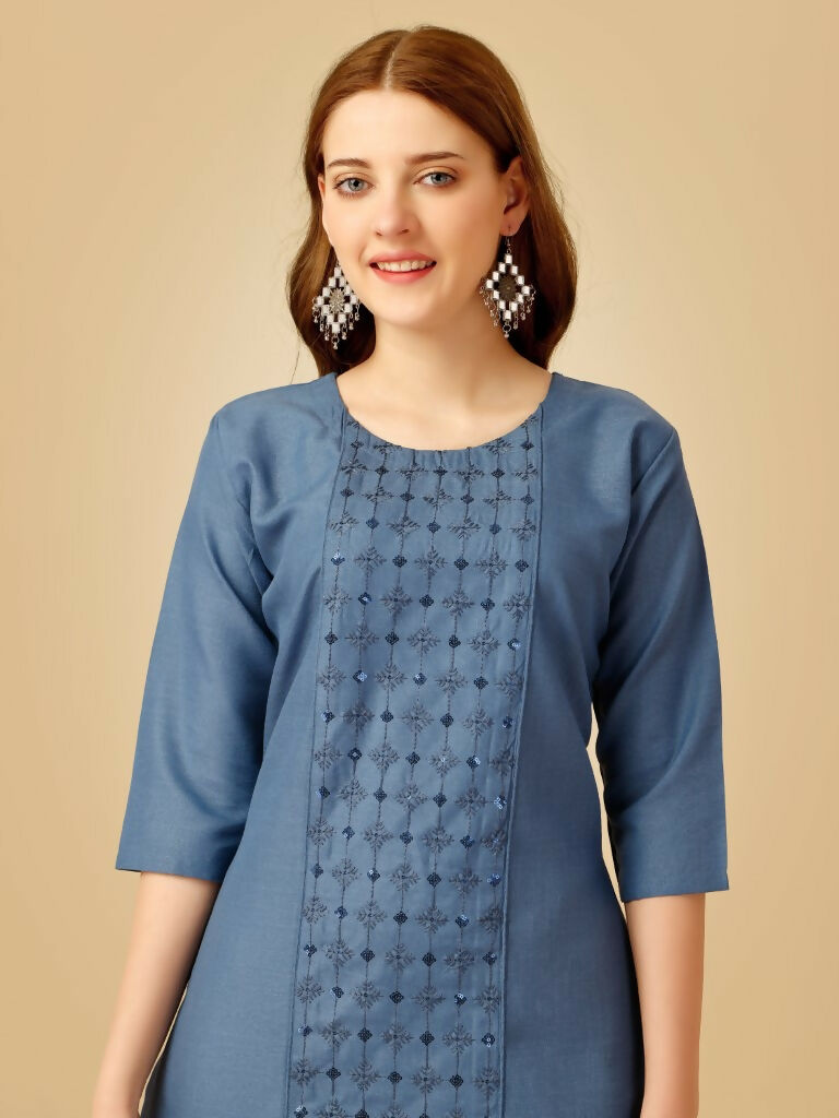 Jyoti Fashion Women's Denim Blue Cotton Blend Embroidered Kurta Pant Set | Swadesiicart