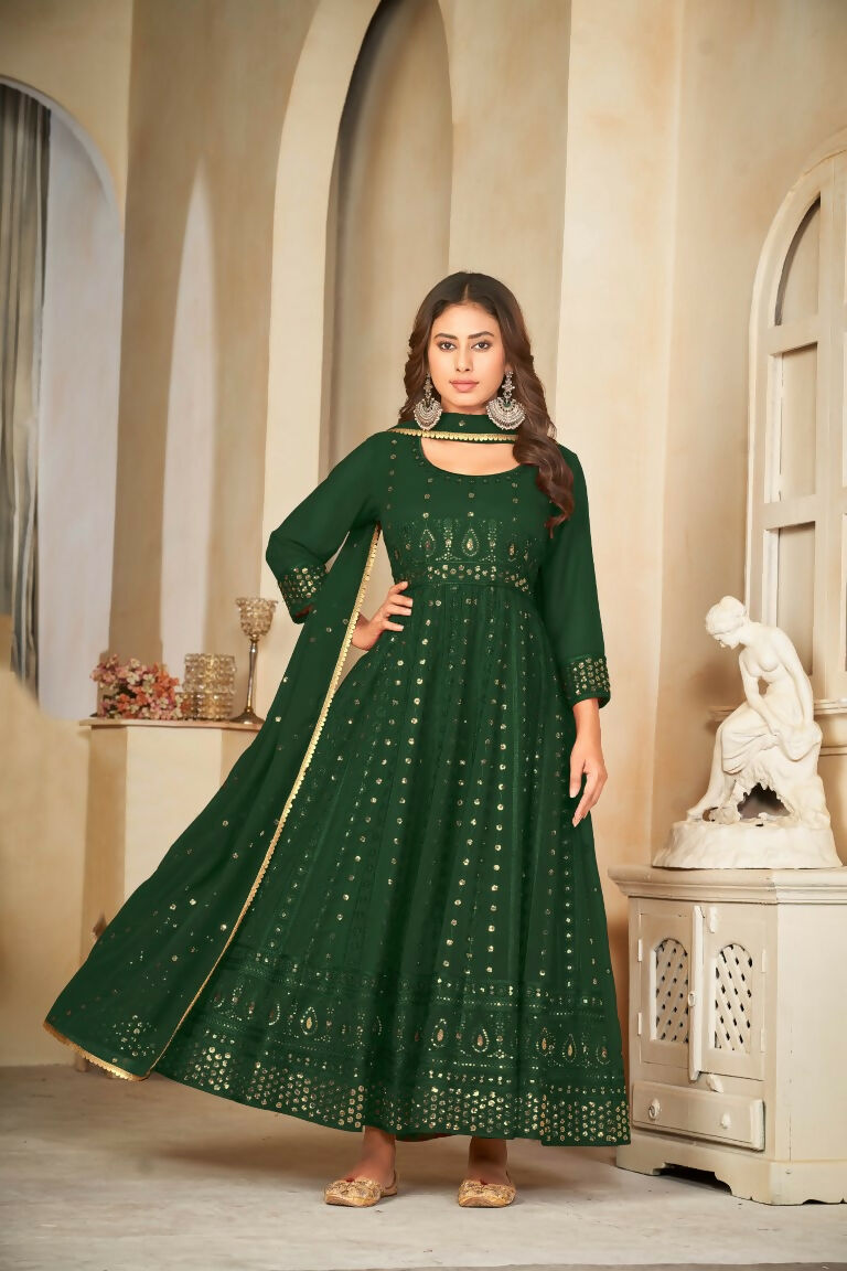 Jyoti Fashion Women's Green Georgette Embroidered Anarkali Kurta Pant Set With Dupatta | Swadesiicart