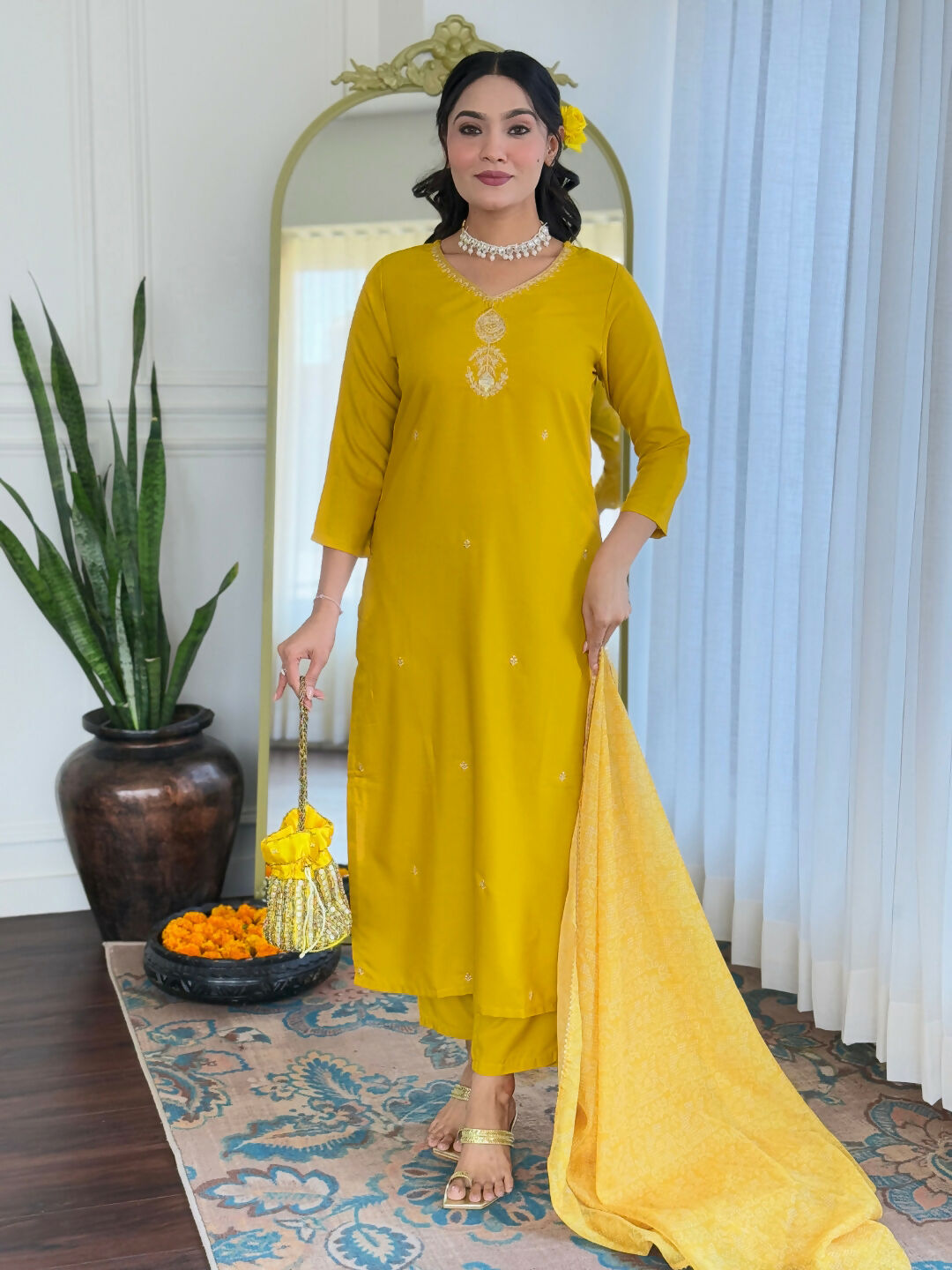 The52 Yellow Women's Beautiful Embroidered Rayon Fabric with Straight Kurta, Pant and Dupatta Set - Swadesiicart