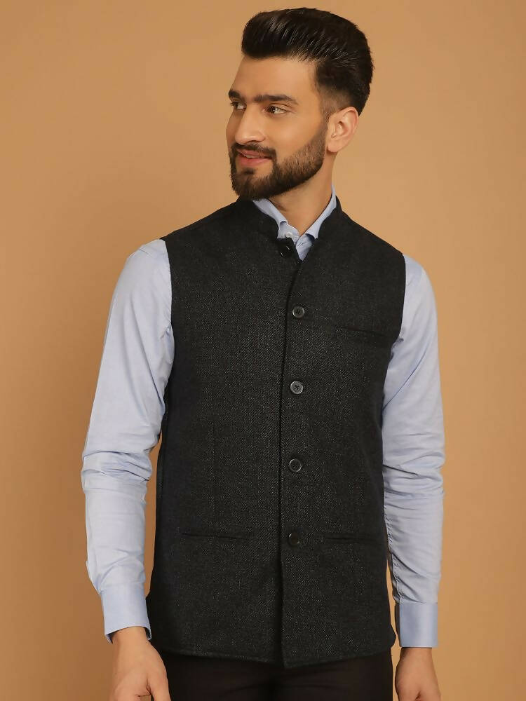 Even Apparels Pure Wool Nehru Jacket - Blue | Swadesiicart