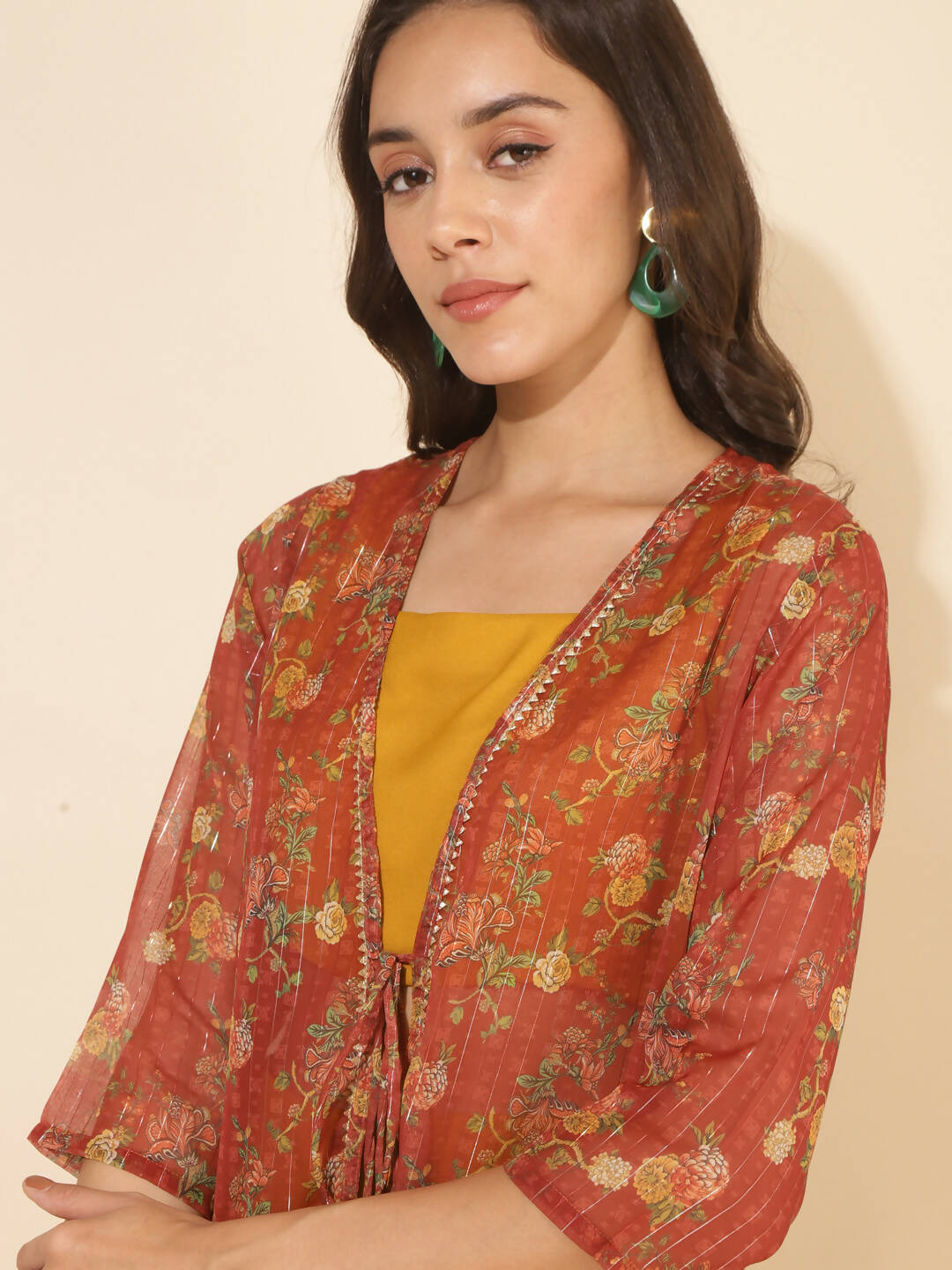Janasya Women's Mustard Moss Solid Festive Crop Top Set | Swadesiicart