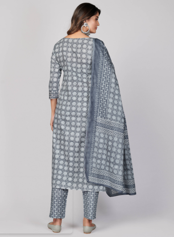 NOZ2TOZ Women's Printed & Embellished & Mirror Work Straight Cotton Grey Stitched Kurta Pant With Dupatta (3Pcs Set) - Swadesiicart