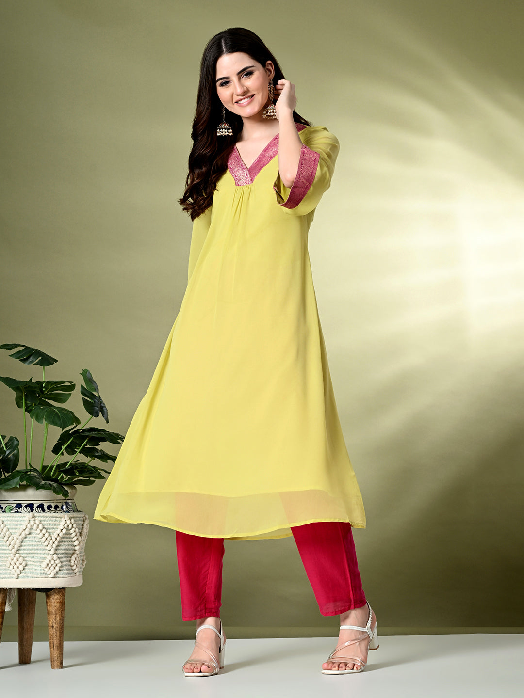 Myshka Women's Georgette Solid A-Line Kurta in Yellow Color - Swadesiicart