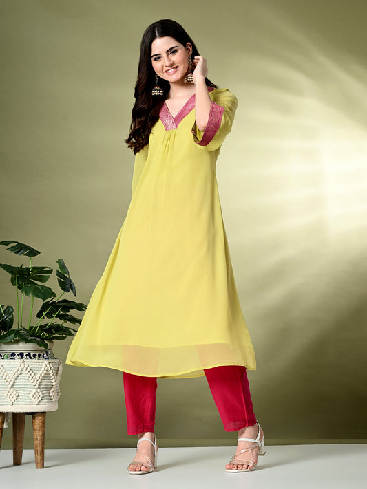 Myshka Women's Georgette Solid A-Line Kurta in Yellow Color - Swadesiicart