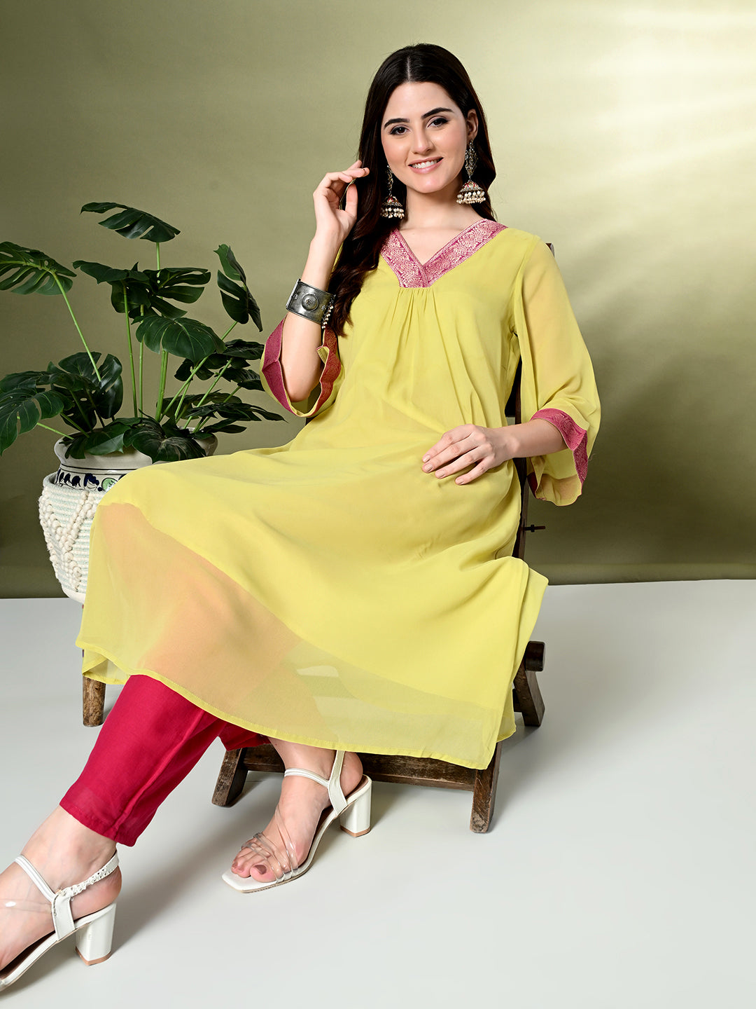 Myshka Women's Georgette Solid A-Line Kurta in Yellow Color - Swadesiicart