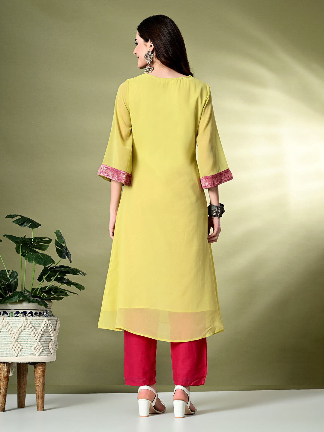 Myshka Women's Georgette Solid A-Line Kurta in Yellow Color - Swadesiicart