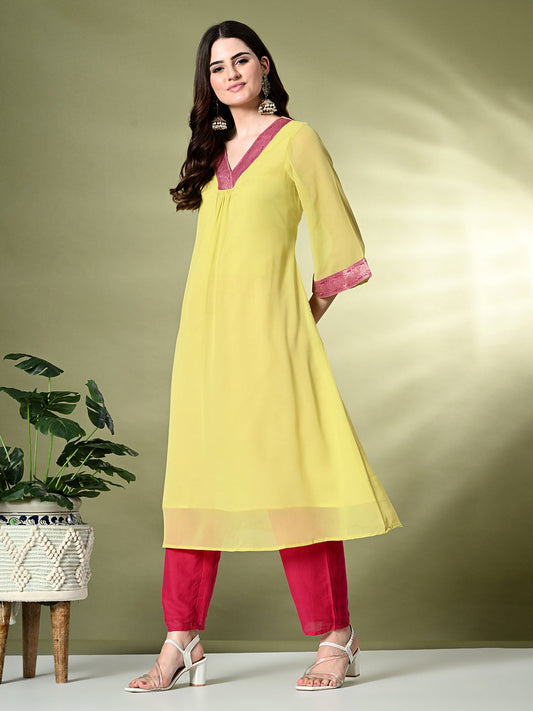 Myshka Women's Georgette Solid A-Line Kurta in Yellow Color - Swadesiicart