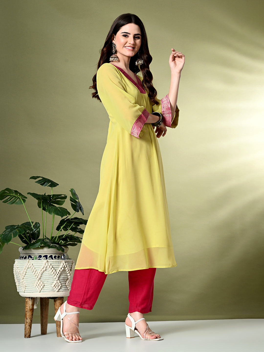 Myshka Women's Georgette Solid A-Line Kurta in Yellow Color - Swadesiicart