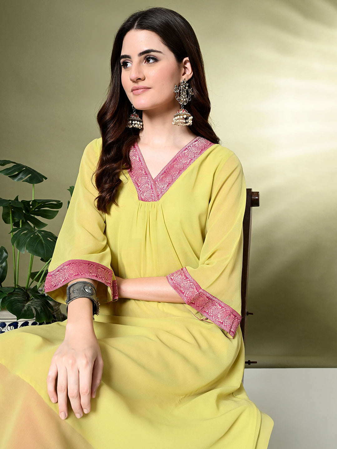 Myshka Women's Georgette Solid A-Line Kurta in Yellow Color - Swadesiicart