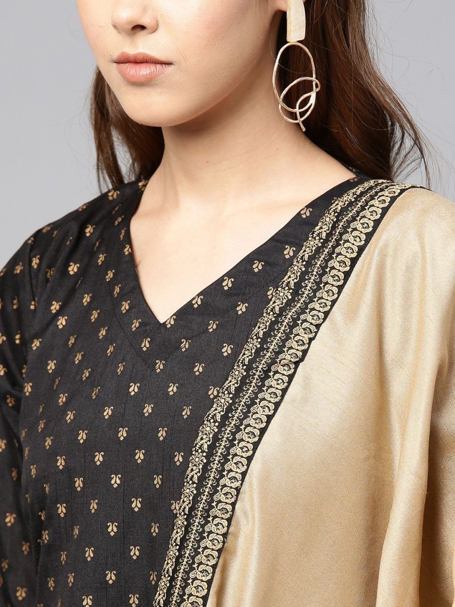 Ahalyaa Women's Black Poly Silk Printed Kurta Pant With Dupatta | Swadesiicart