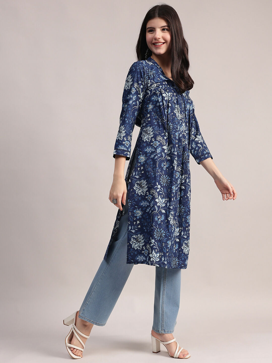 Aavyora Women's Navy Blue Floral Printed Cotton A-Line Kurta with Pintuck Detailing - Swadesiicart