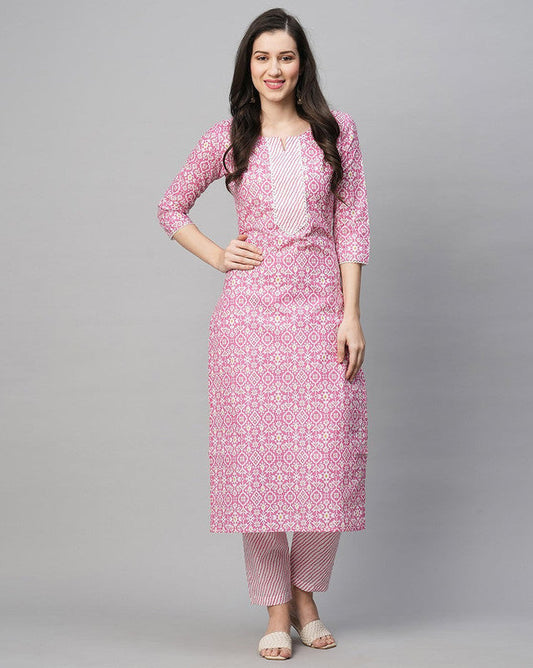 Malishka Women's Printed Pink Cotton Blend Kurta Pant Set - Pink - Malishka