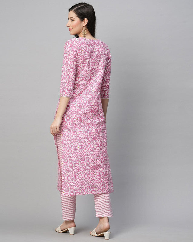 Malishka Women's Printed Pink Cotton Blend Kurta Pant Set - Pink - Swadesiicart