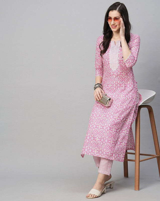 Malishka Women's Printed Pink Cotton Blend Kurta Pant Set - Pink - Swadesiicart