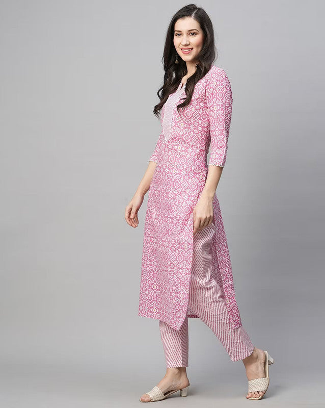 Malishka Women's Printed Pink Cotton Blend Kurta Pant Set - Pink - Swadesiicart