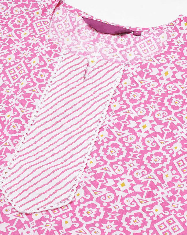 Malishka Women's Printed Pink Cotton Blend Kurta Pant Set - Pink - Swadesiicart