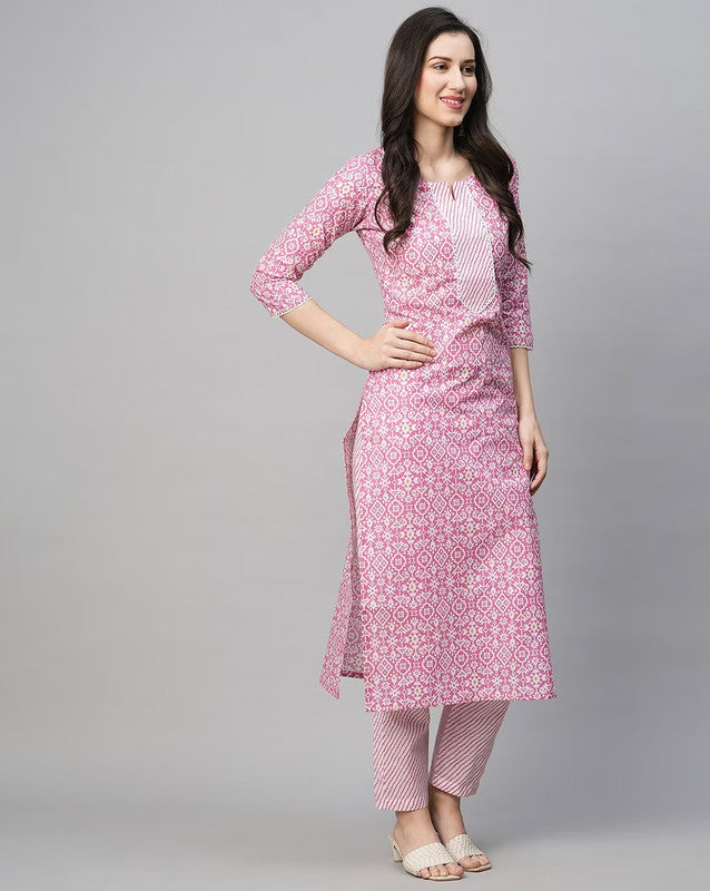 Malishka Women's Printed Pink Cotton Blend Kurta Pant Set - Pink - Swadesiicart