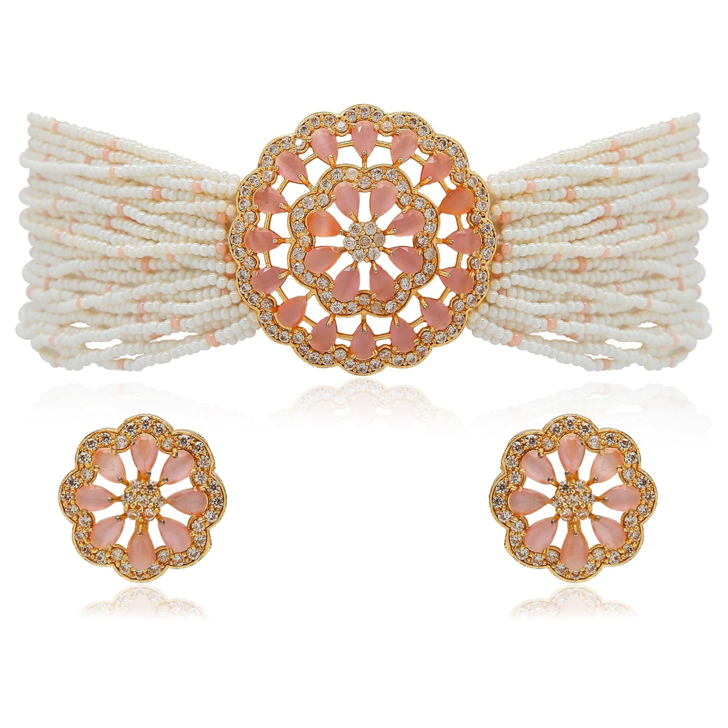 Gold-Polished Traditional CZ Crystal Studded Pearl Choker Necklace Jewellery Set for Women - Wahe Jewels - Swadesiicart