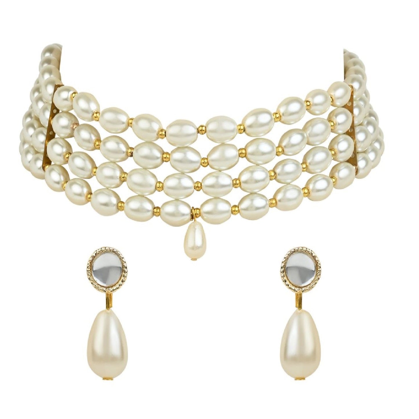 Gold-Polished Traditional Pearl Beaded Stylish Moti Choker Necklace Jewellery Set with Earrings for women - Wahe Jewels - Swadesiicart