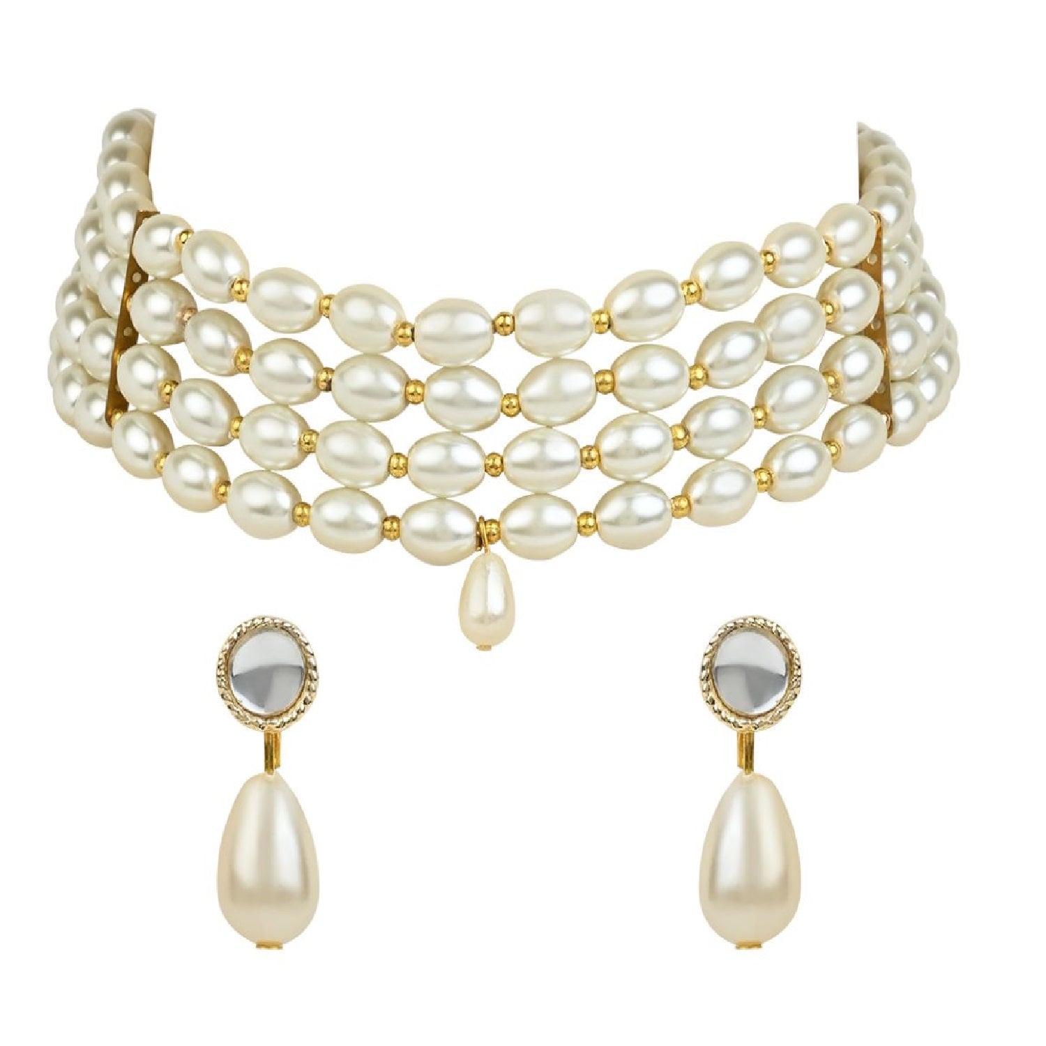 Gold-Polished Traditional Pearl Beaded Stylish Moti Choker Necklace Jewellery Set with Earrings for women - Wahe Jewels - Swadesiicart