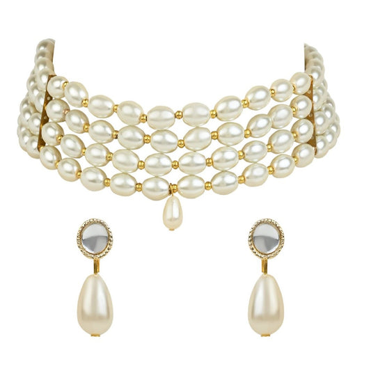 Gold-Polished Traditional Pearl Beaded Stylish Moti Choker Necklace Jewellery Set with Earrings for women - Wahe Jewels - Swadesiicart