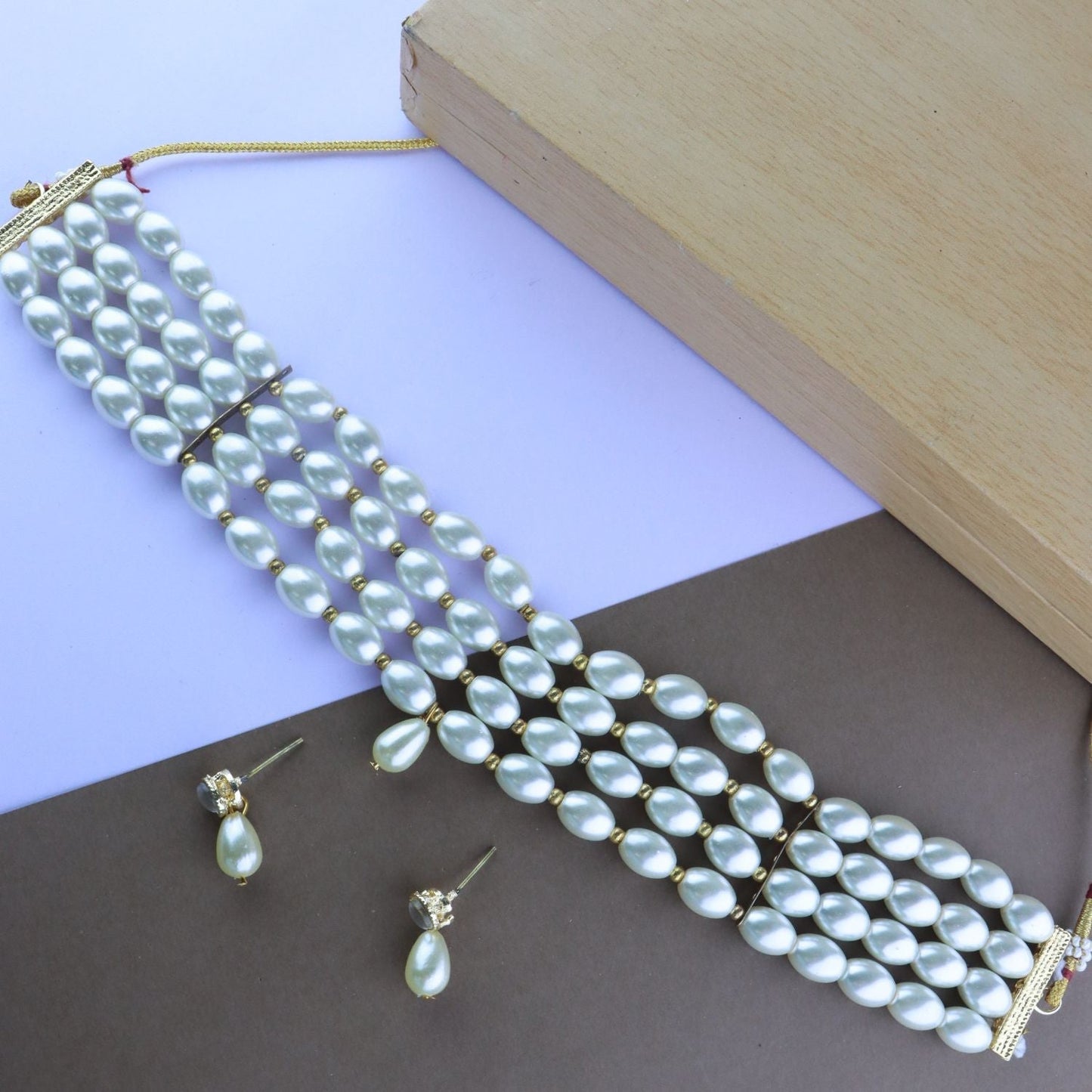 Gold-Polished Traditional Pearl Beaded Stylish Moti Choker Necklace Jewellery Set with Earrings for women - Wahe Jewels - Swadesiicart