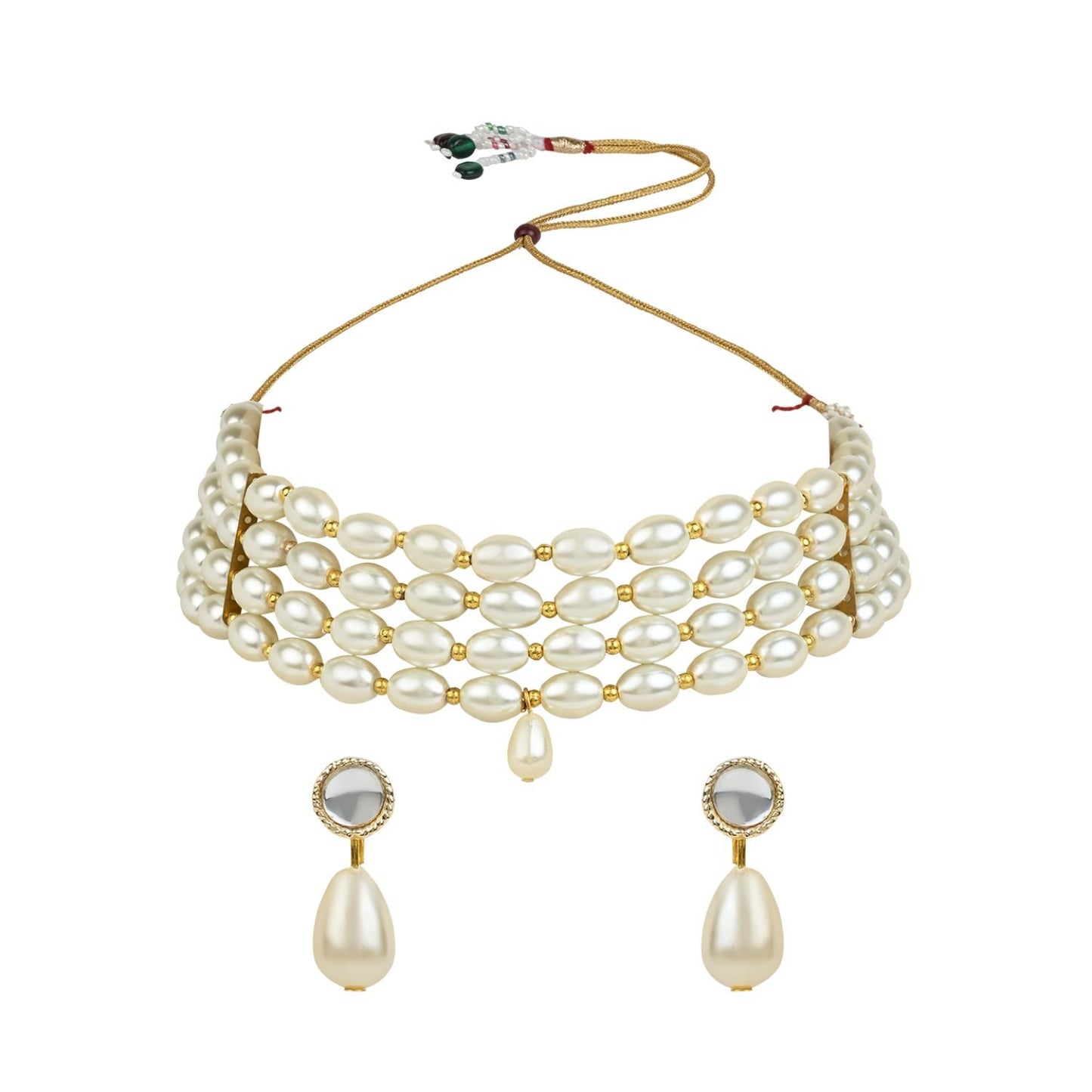 Gold-Polished Traditional Pearl Beaded Stylish Moti Choker Necklace Jewellery Set with Earrings for women - Wahe Jewels - Swadesiicart