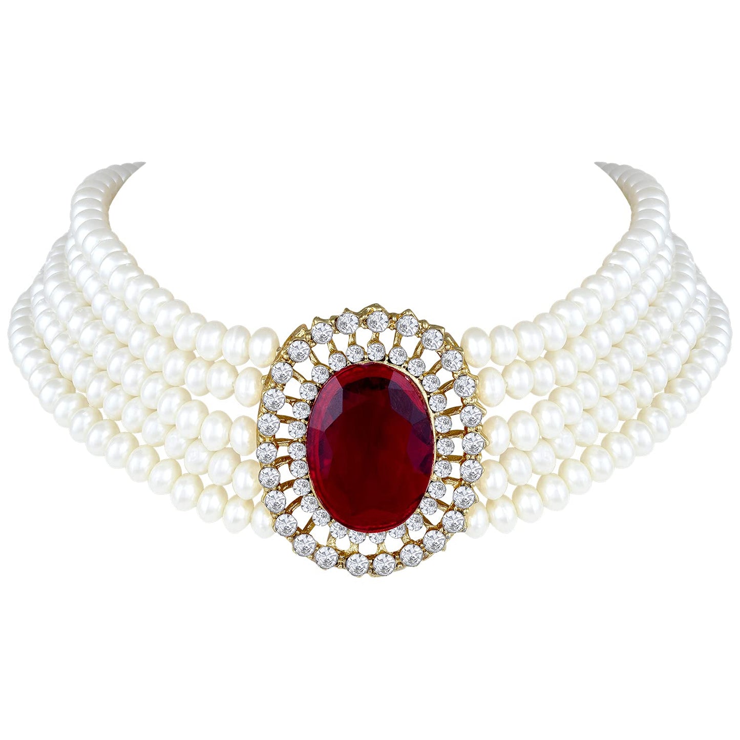 Gold-Polished Traditional Stone Studded Pearl Choker Necklace Jewellery Set For Women/Girls - Wahe Jewels - Swadesiicart