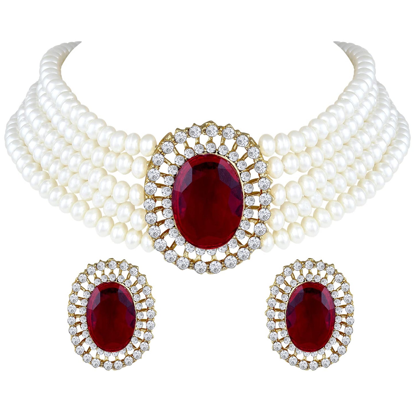 Gold-Polished Traditional Stone Studded Pearl Choker Necklace Jewellery Set For Women/Girls - Wahe Jewels - Swadesiicart