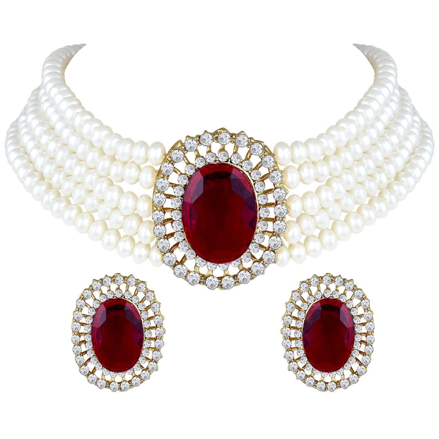 Gold-Polished Traditional Stone Studded Pearl Choker Necklace Jewellery Set For Women/Girls - Wahe Jewels - Swadesiicart