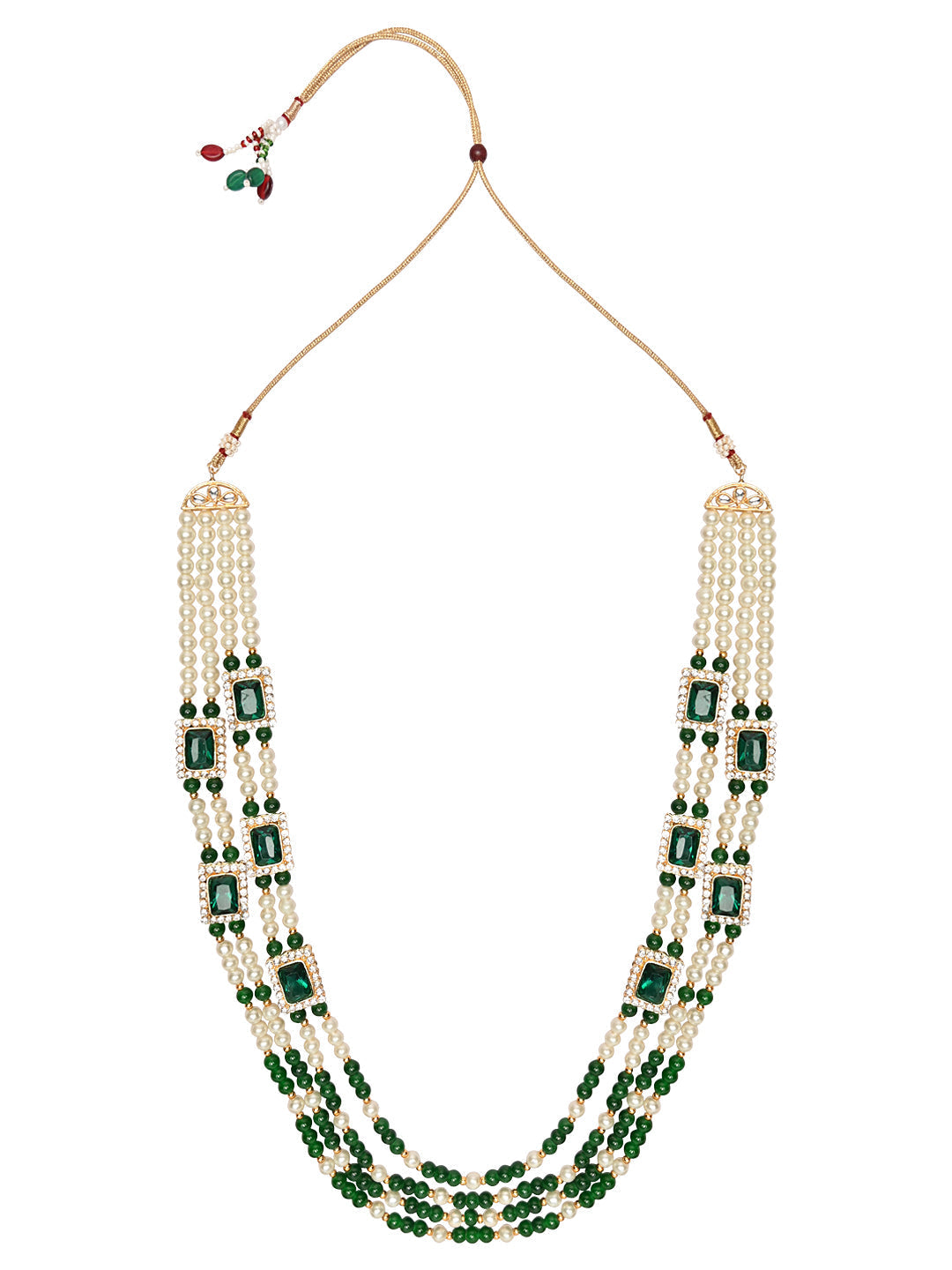 Gold-Polished Traditional Stone Studded Multi Strand Long Pearl Necklace Jewellery With Stud Earrings Set For Women/Girls - Wahe Jewels - Swadesiicart
