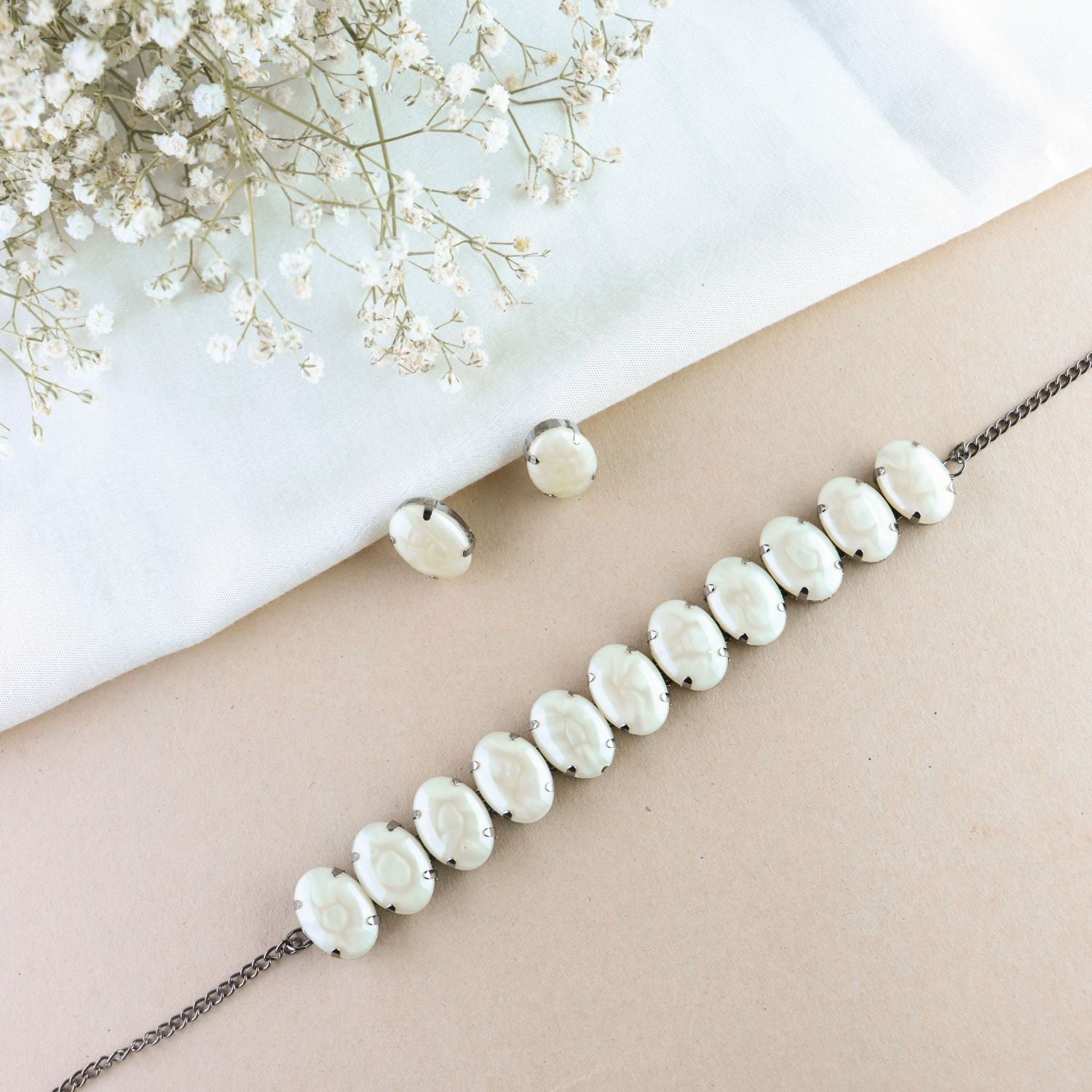 Glamorous Fashionable Eye-Catching Cream Beaded Choker and Earrings Set For Women/Girls - Wahe Jewels - Swadesiicart