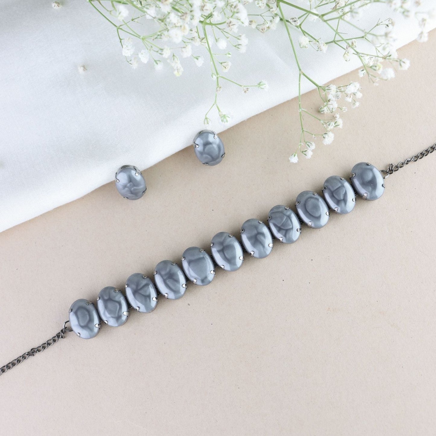 Glamorous Fashionable Eye-Catching Grey Beaded Choker and Earrings Set For Women/Girls - Wahe Jewels - Swadesiicart