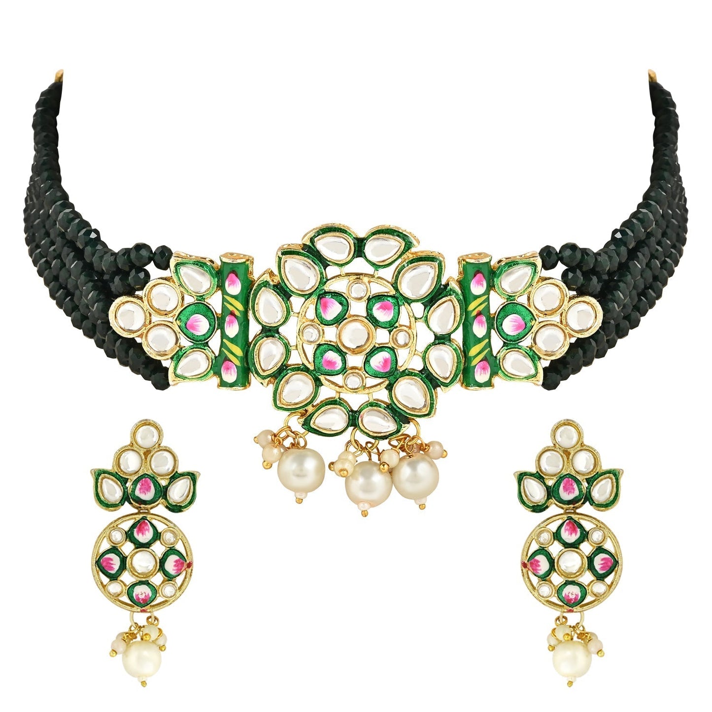 Gold-Polished Traditional Pearl Kundan Studded Meenakari Choker Necklace With Earring Set For Women/Girls - Wahe Jewels - Swadesiicart