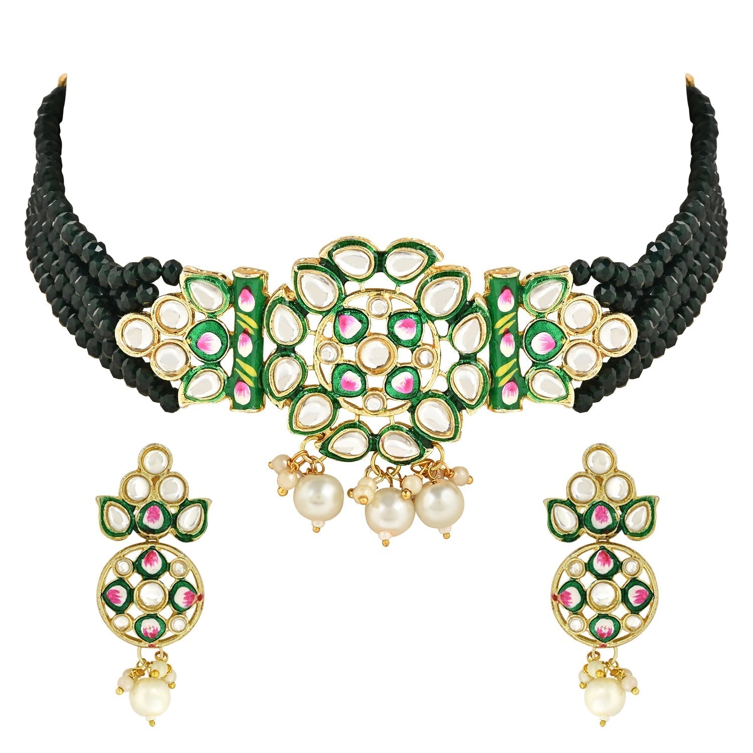Gold-Polished Traditional Pearl Kundan Studded Meenakari Choker Necklace With Earring Set For Women/Girls - Wahe Jewels - Swadesiicart