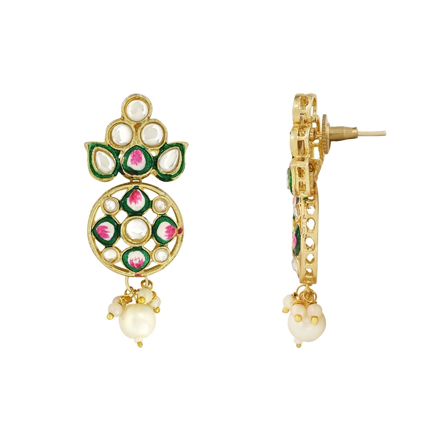 Gold-Polished Traditional Pearl Kundan Studded Meenakari Choker Necklace With Earring Set For Women/Girls - Wahe Jewels - Swadesiicart