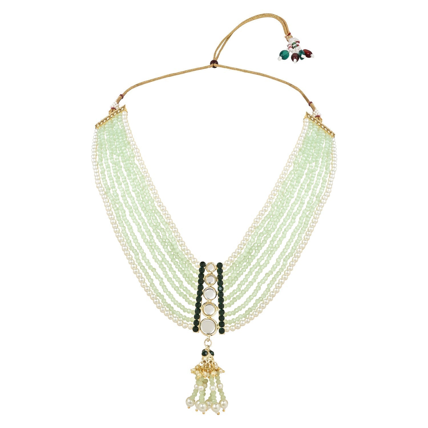 Gold-Polished Traditional Kundan & Mint Beads Multistrand Necklace With Earrings, Maang Tikka & Finger Ring Set For Women - Wahe Jewels - Swadesiicart