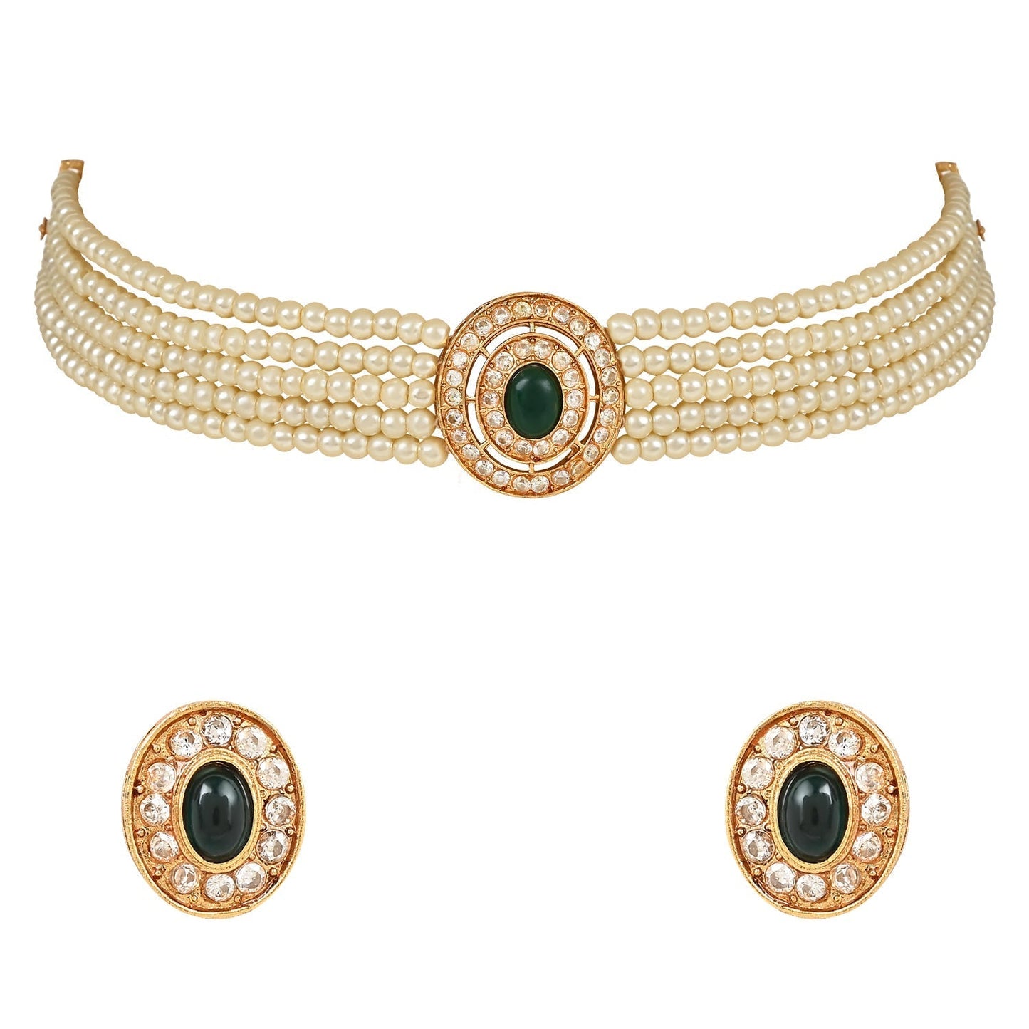Gold-Polished Traditional Handcrafted Stone Studded Pearl Choker Necklace Jewellery Set With Earrings For Women And Girls - Wahe Jewels - Swadesiicart