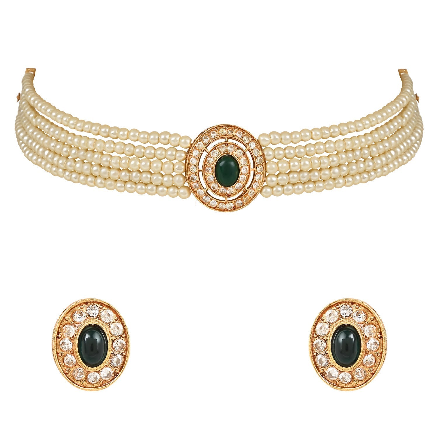 Gold-Polished Traditional Handcrafted Stone Studded Pearl Choker Necklace Jewellery Set With Earrings For Women And Girls - Wahe Jewels - Swadesiicart