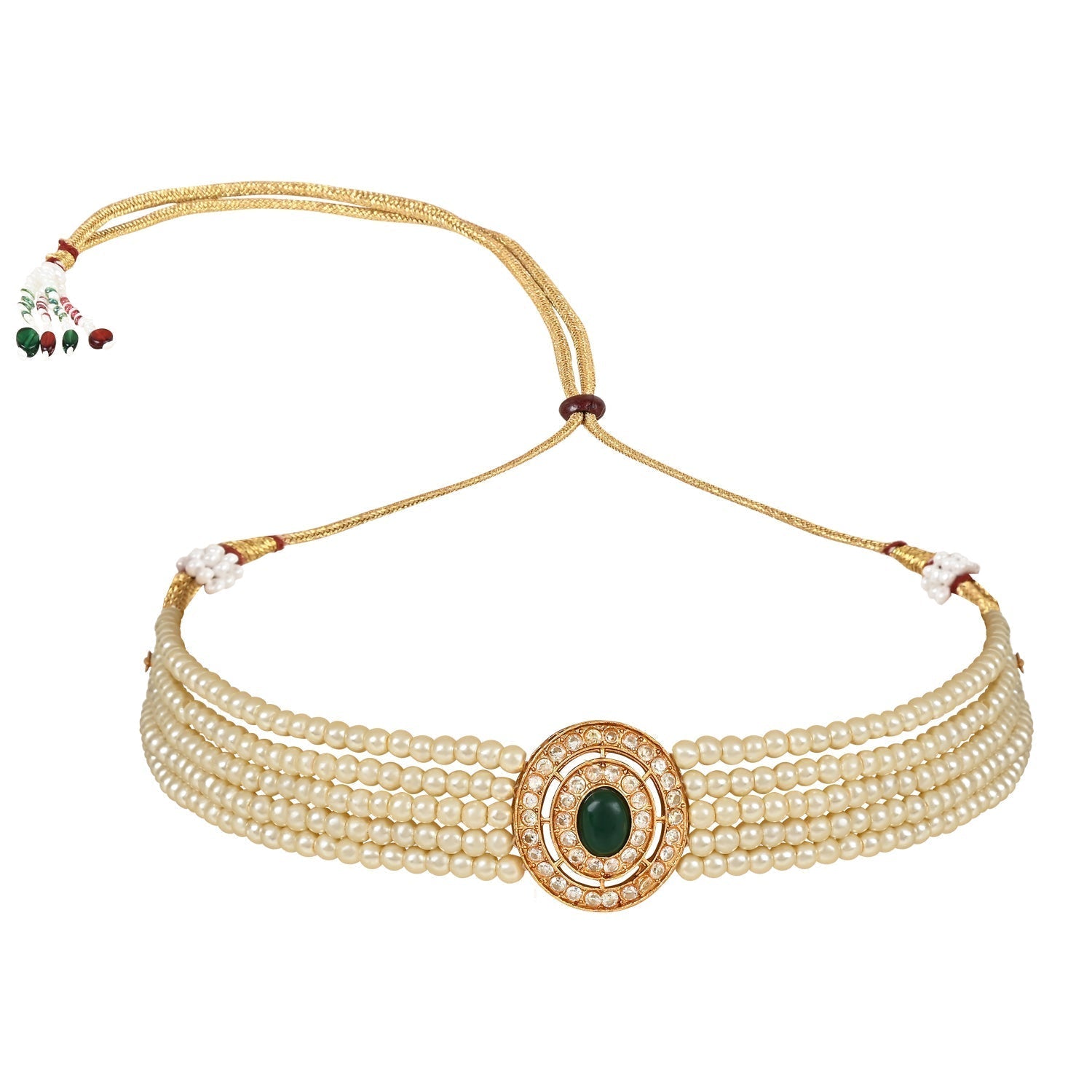 Gold-Polished Traditional Handcrafted Stone Studded Pearl Choker Necklace Jewellery Set With Earrings For Women And Girls - Wahe Jewels - Swadesiicart