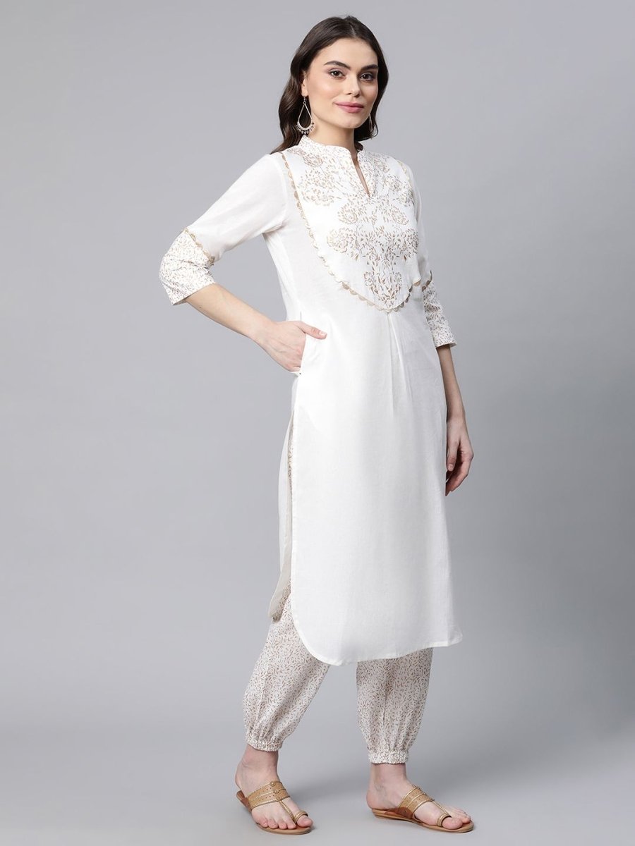 Ahalyaa Women Offwhite Pure Cotton Printed Kurta With Trousers | Swadesiicart
