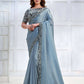 Blue Crepe satin silk Cord & Sequence Embroidered Saree - Mohmanthan Majestica