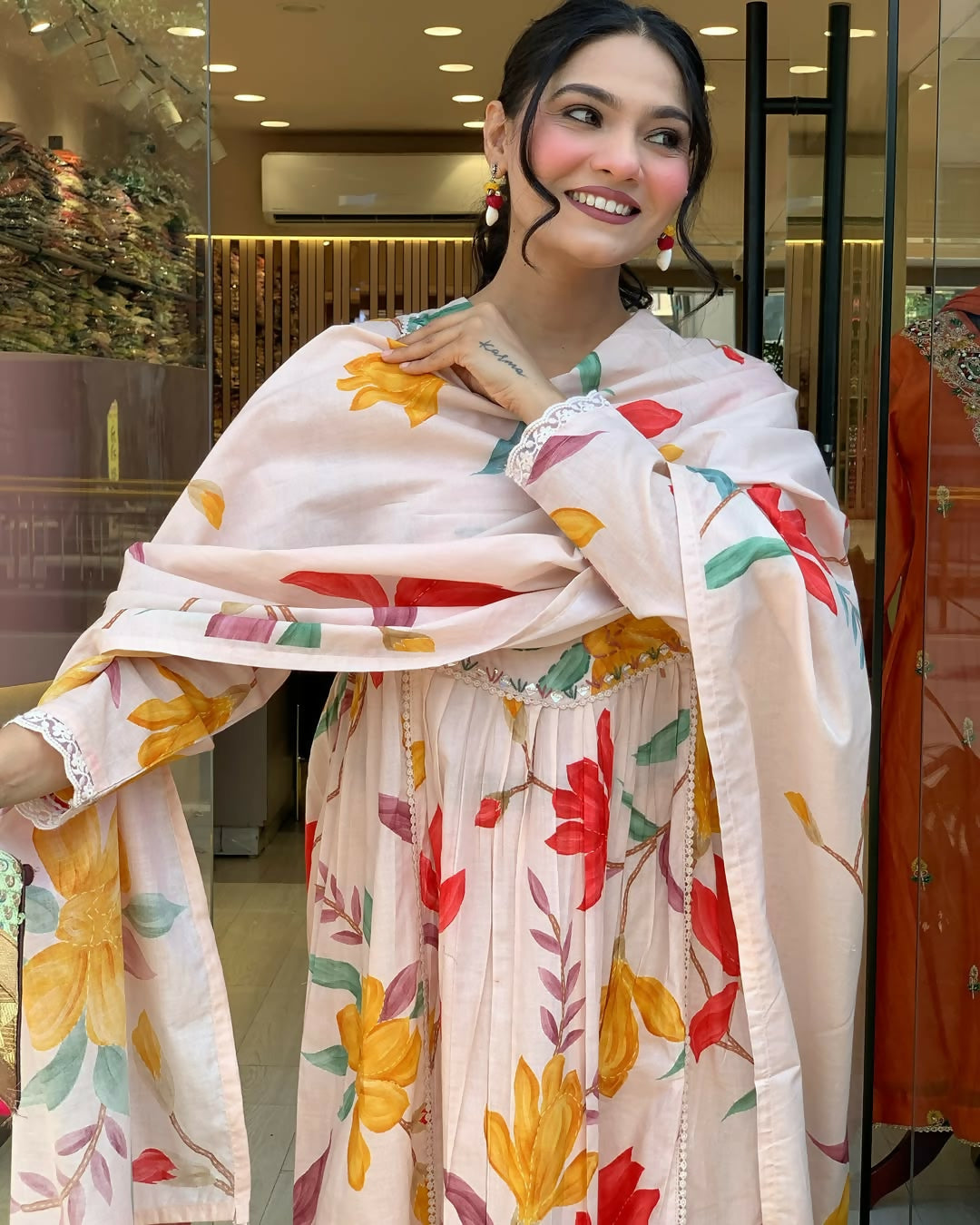 The52 Peach Women's Gorgeous Cotton Fabric Printed Work Straight Kurta Pant and Dupatta Set - Swadesiicart