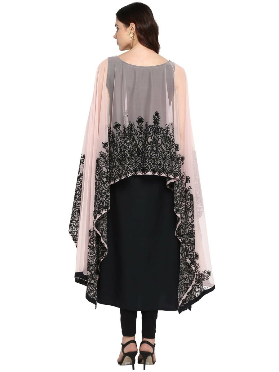 Ahalyaa Women's Beautiful Black Crepe Printed Kurta with Attached Dupatta | Swadesiicart